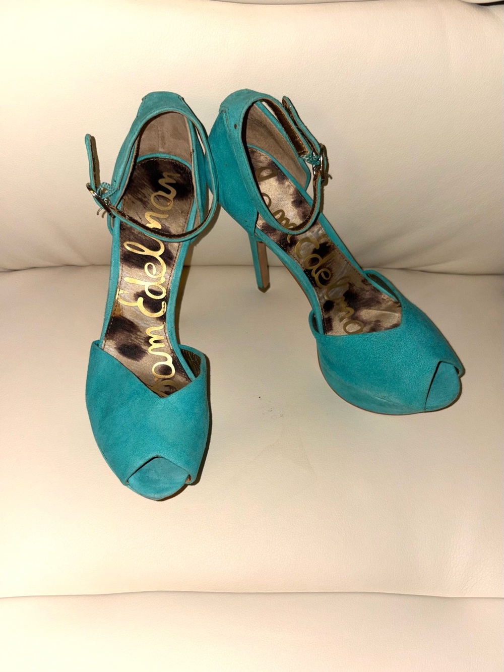 Sam Edelman Teal Suede Peep-Toe Ankle-Strap Heels